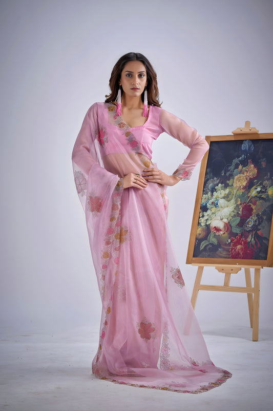 Designer Pink Organza Saree with Floral Embroidery Saree