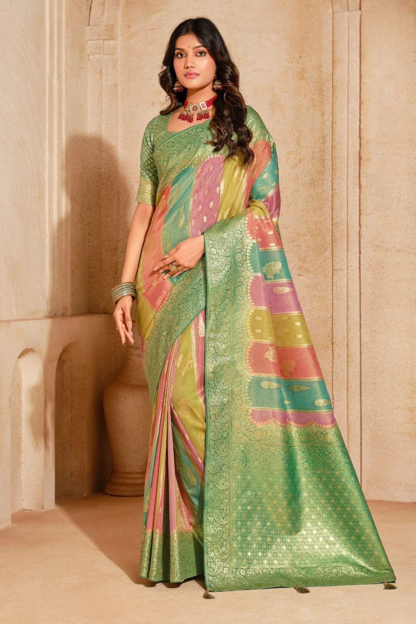 Multicolor Banarasi Silk Saree Green Zari Border Traditional Patola