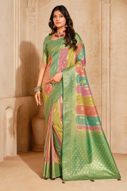 Multicolor Banarasi Silk Saree Green Zari Border Traditional Patola