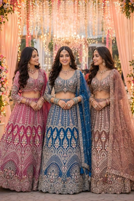 Luxury Dusty Mauve Pink Net Heavy Embroidered Bridal Lehenga Choli Dupatta
