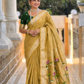 Mustard Yellow Linen Silk Saree Hand Painted Lotus Pallu Designer Blouse