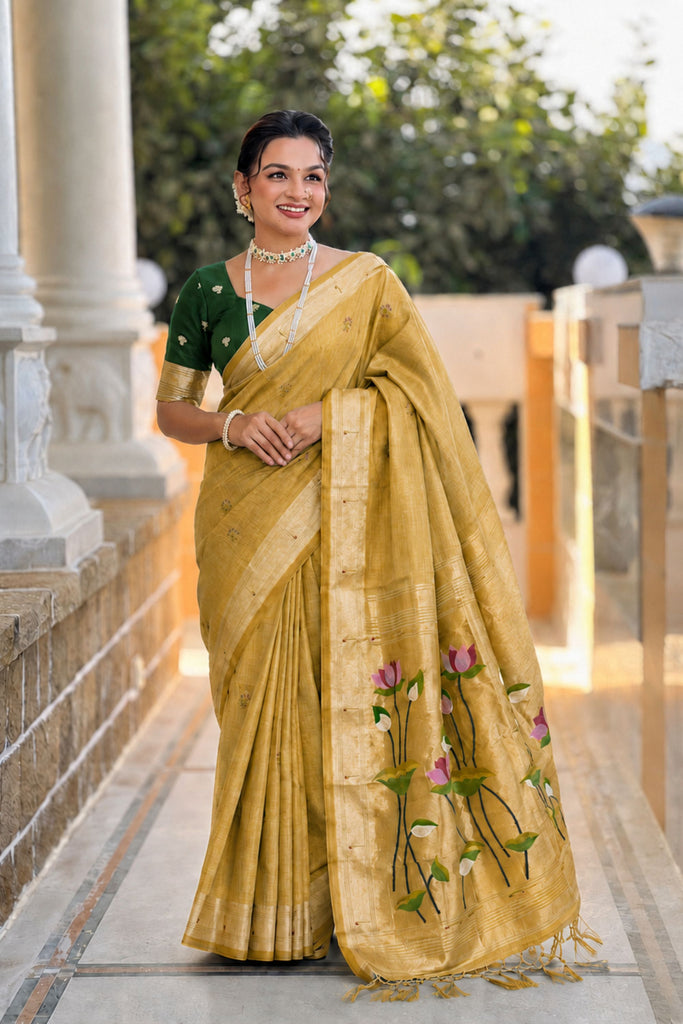 Mustard Yellow Linen Silk Saree Hand Painted Lotus Pallu Designer Blouse