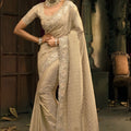 Gold Organza Silk Saree Heavy Sequin Thread Embroidery Designer Blouse