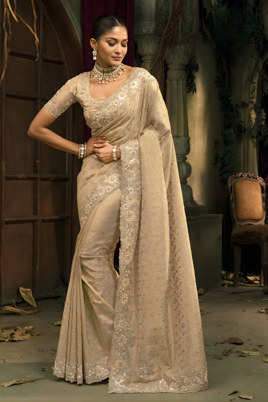 Gold Organza Silk Saree Heavy Sequin Thread Embroidery Designer Blouse