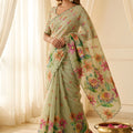 Pistachio Green Floral Printed Linen Cotton Saree Scalloped Border