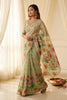 Pistachio Green Floral Printed Linen Cotton Saree Scalloped Border