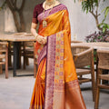 Mustard Orange Silk Saree Maroon Woven Border Traditional Saree