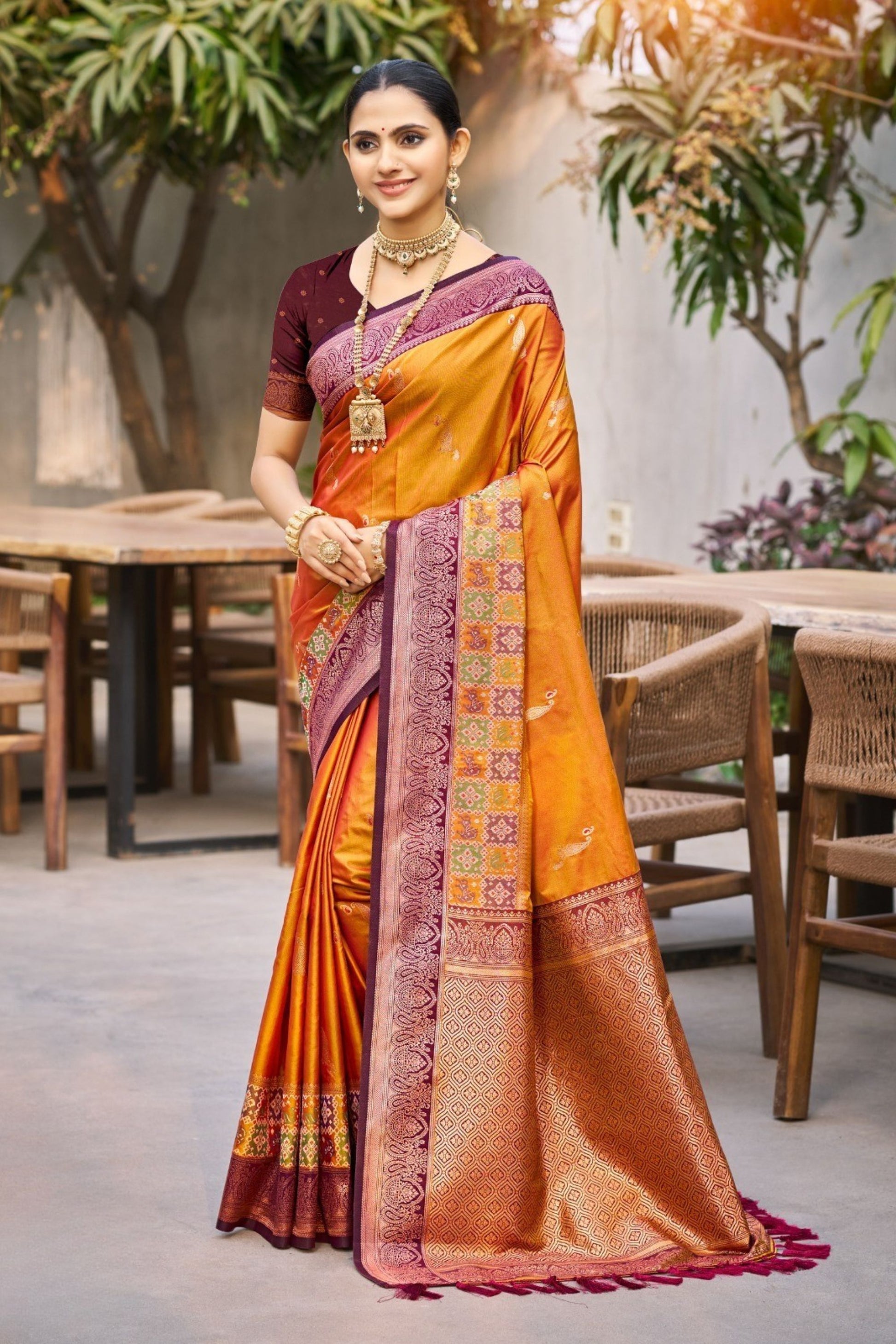 Mustard Orange Silk Saree Maroon Woven Border Traditional Saree