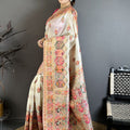 Off White Soft Silk Saree Pink Gold Traditional Woven Border