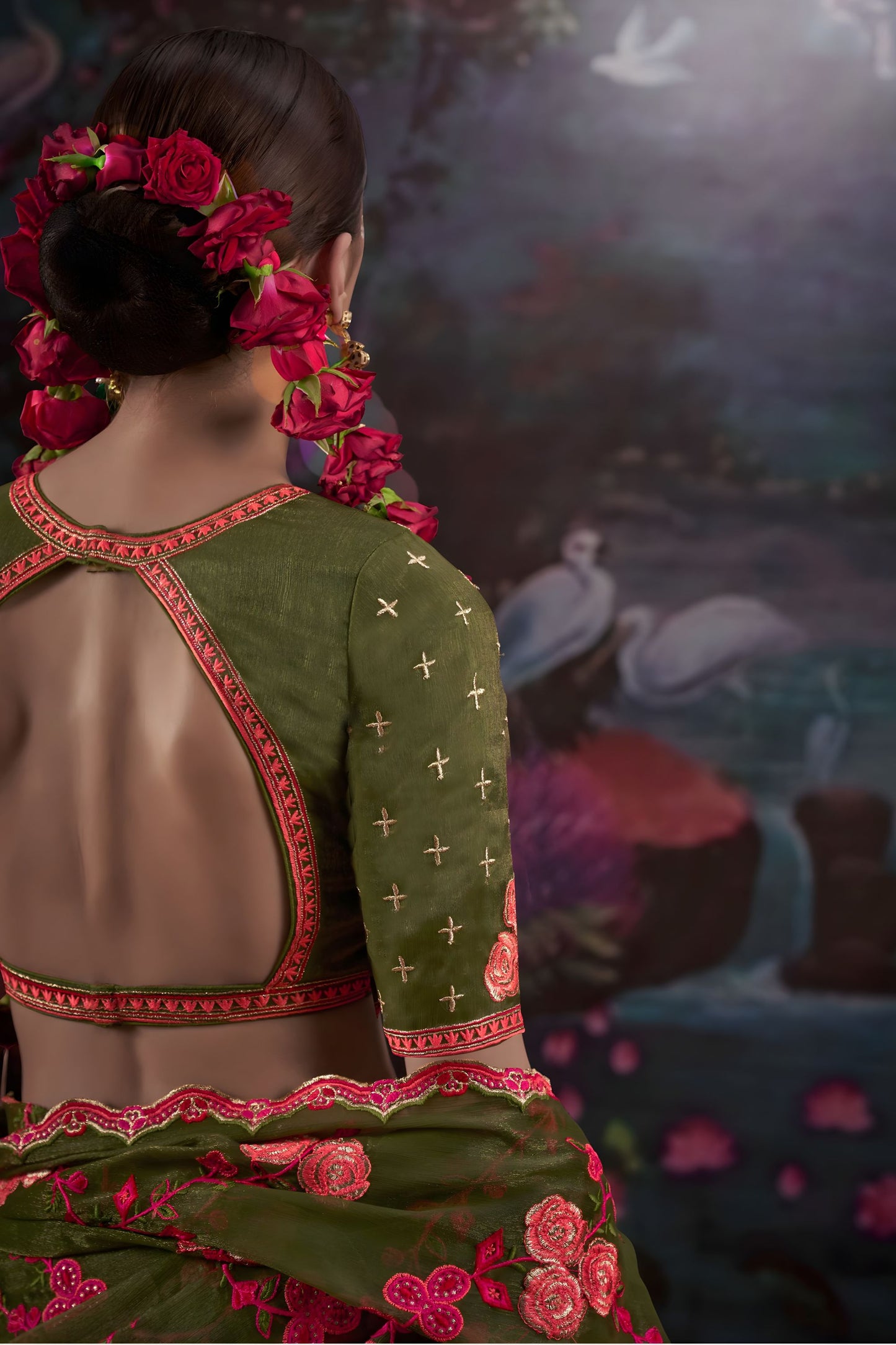 Designer Olive Green Floral Embroidered Saree with Stylish Blouse