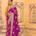 Premium Magenta Banarasi Silk Saree with Golden Zari Contrast Yellow Blouse