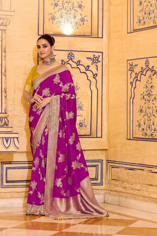 Premium Magenta Banarasi Silk Saree with Golden Zari Contrast Yellow Blouse