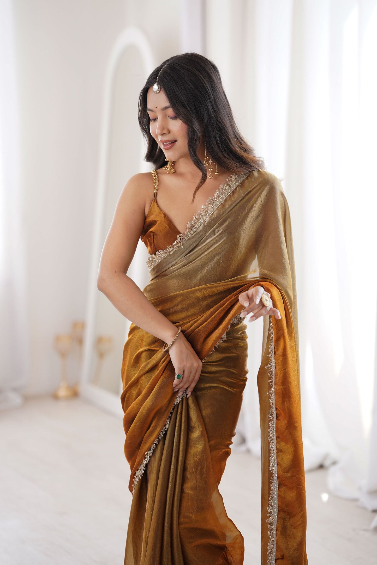 Mustard Gold Organza Silk Saree with Designer Lace Border
