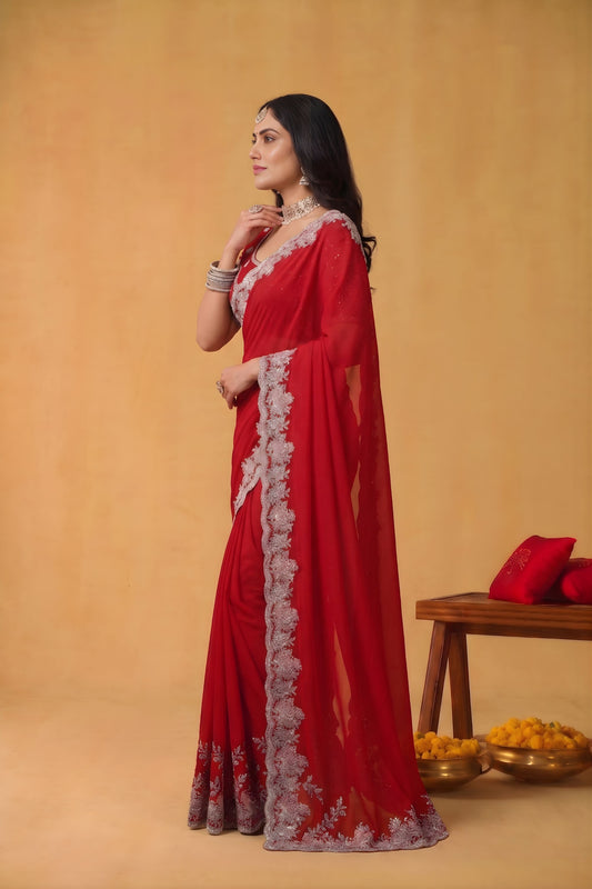 Royal Red Georgette Saree Heavy Sequins Embroidered Border Designer Blouse