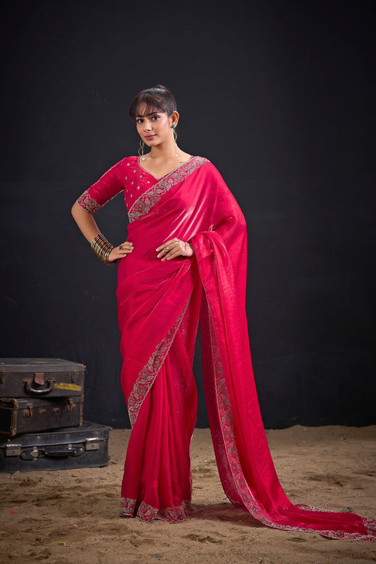 Rani Pink Silk Saree Antique Gold Zari Border Party Wear Saree