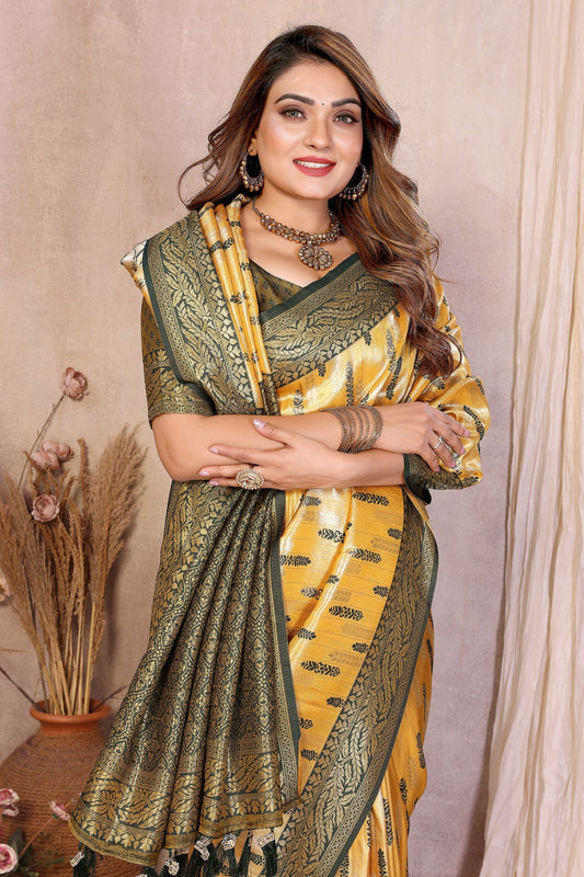 Mustard Yellow And Green with Rich Zari Banarasi Silk Saree Festive Wear