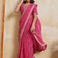 Pink Georgette Saree with Golden Embroidered Border Designer Blouse
