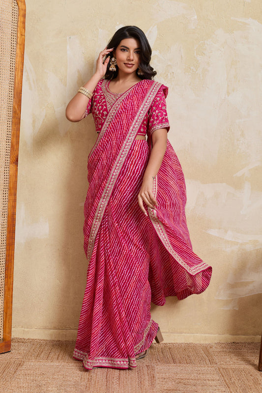 Pink Georgette Saree with Golden Embroidered Border Designer Blouse