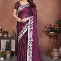  Wine Purple Satin Silk Saree Heavy Floral Embroidered Border Designer Blouse