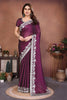  Wine Purple Satin Silk Saree Heavy Floral Embroidered Border Designer Blouse