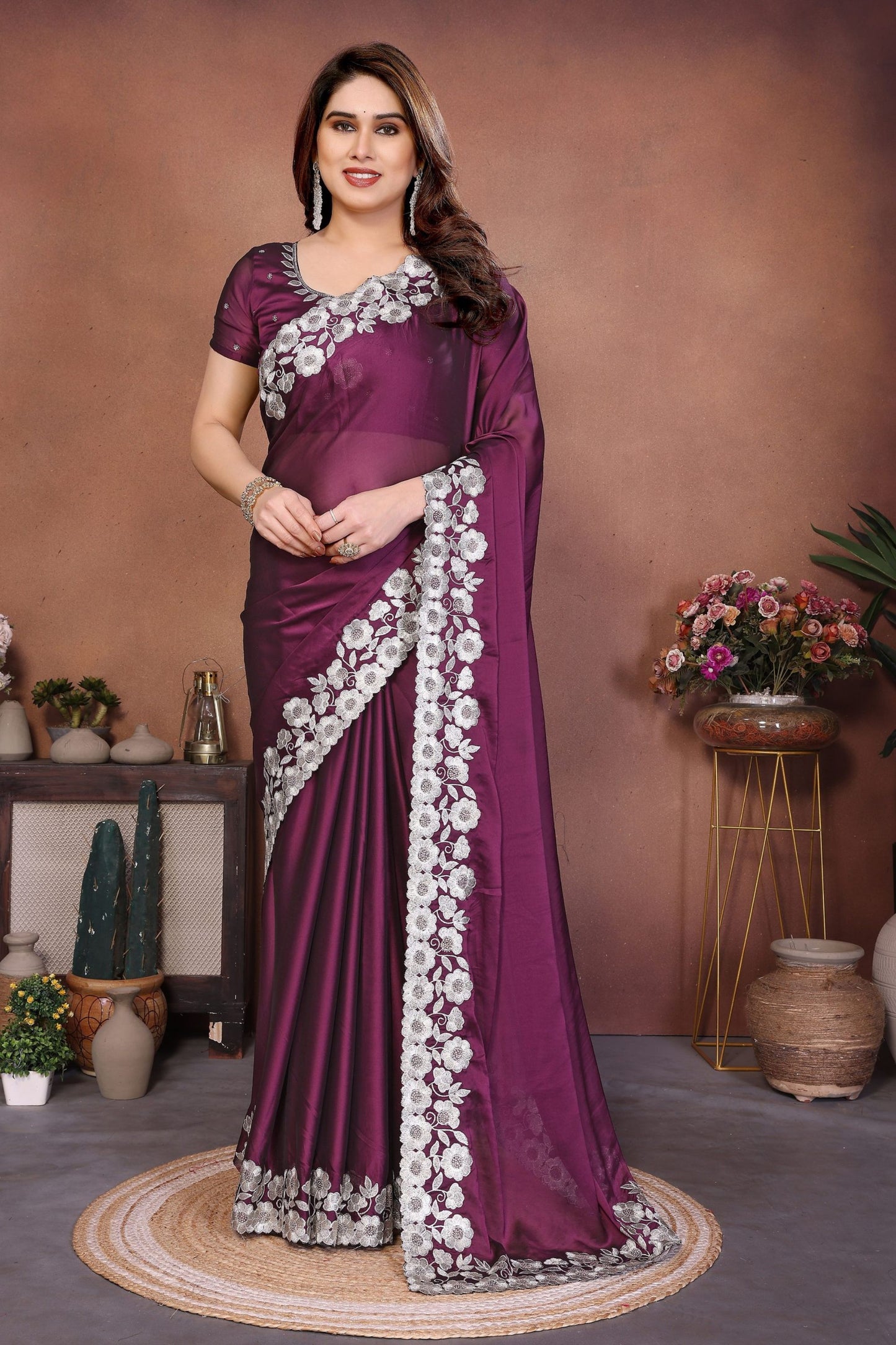  Wine Purple Satin Silk Saree Heavy Floral Embroidered Border Designer Blouse