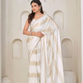 White Satin Silk Saree with Gold Zari Designer Saree