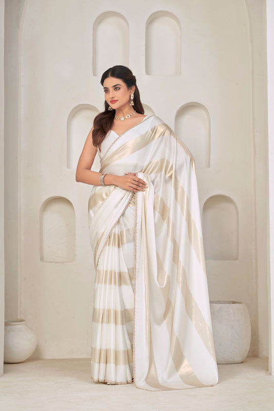 White Satin Silk Saree with Gold Zari Designer Saree