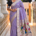 Lavender Purple Tussar Silk Saree Multicolor Bird Floral Motif Pallu