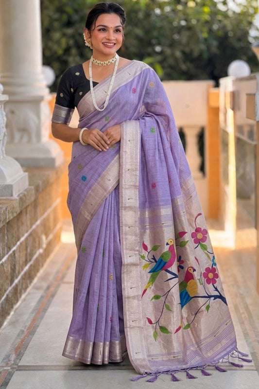 Lavender Purple Tussar Silk Saree Multicolor Bird Floral Motif Pallu