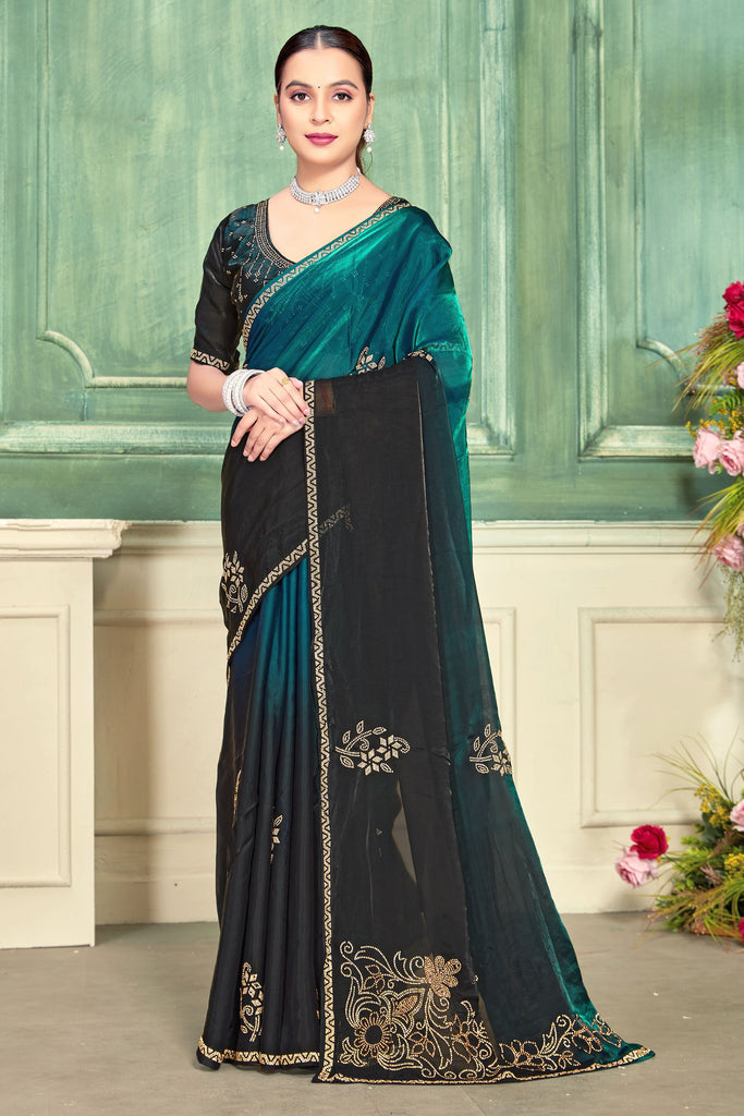 Teal Green Black Embroidered Saree with Designer Blouse