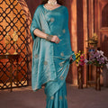 Teal Silk Saree with Zari Embroidery Butti Work Designer Blouse