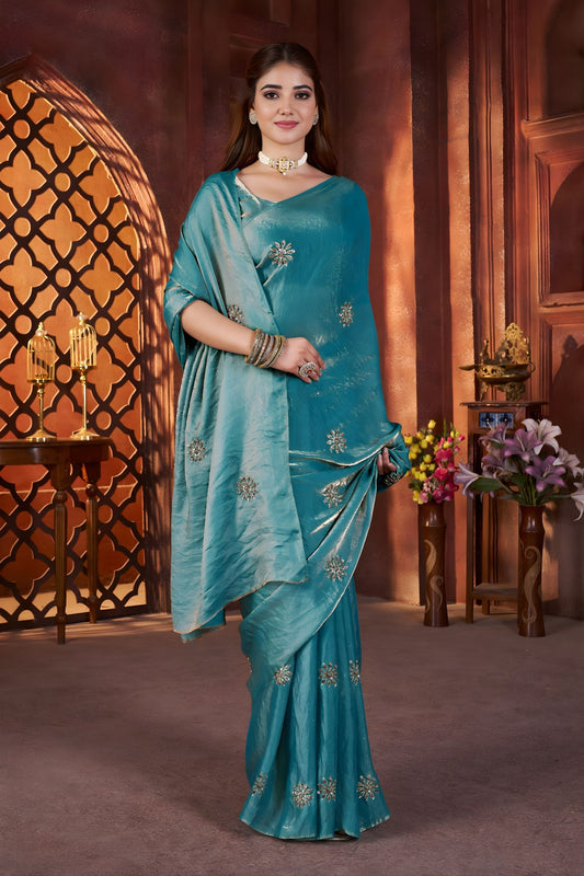 Teal Silk Saree with Zari Embroidery Butti Work Designer Blouse