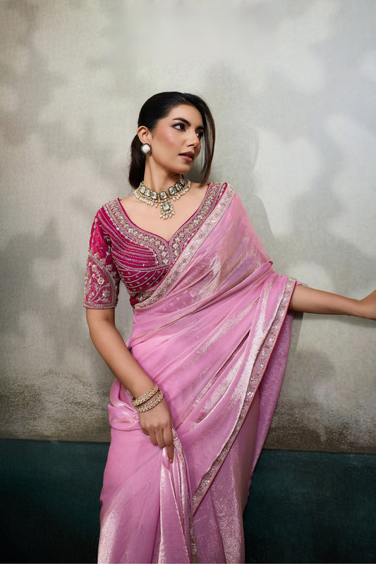 Pink Organza Saree with Heavy Embroidered Designer Blouse