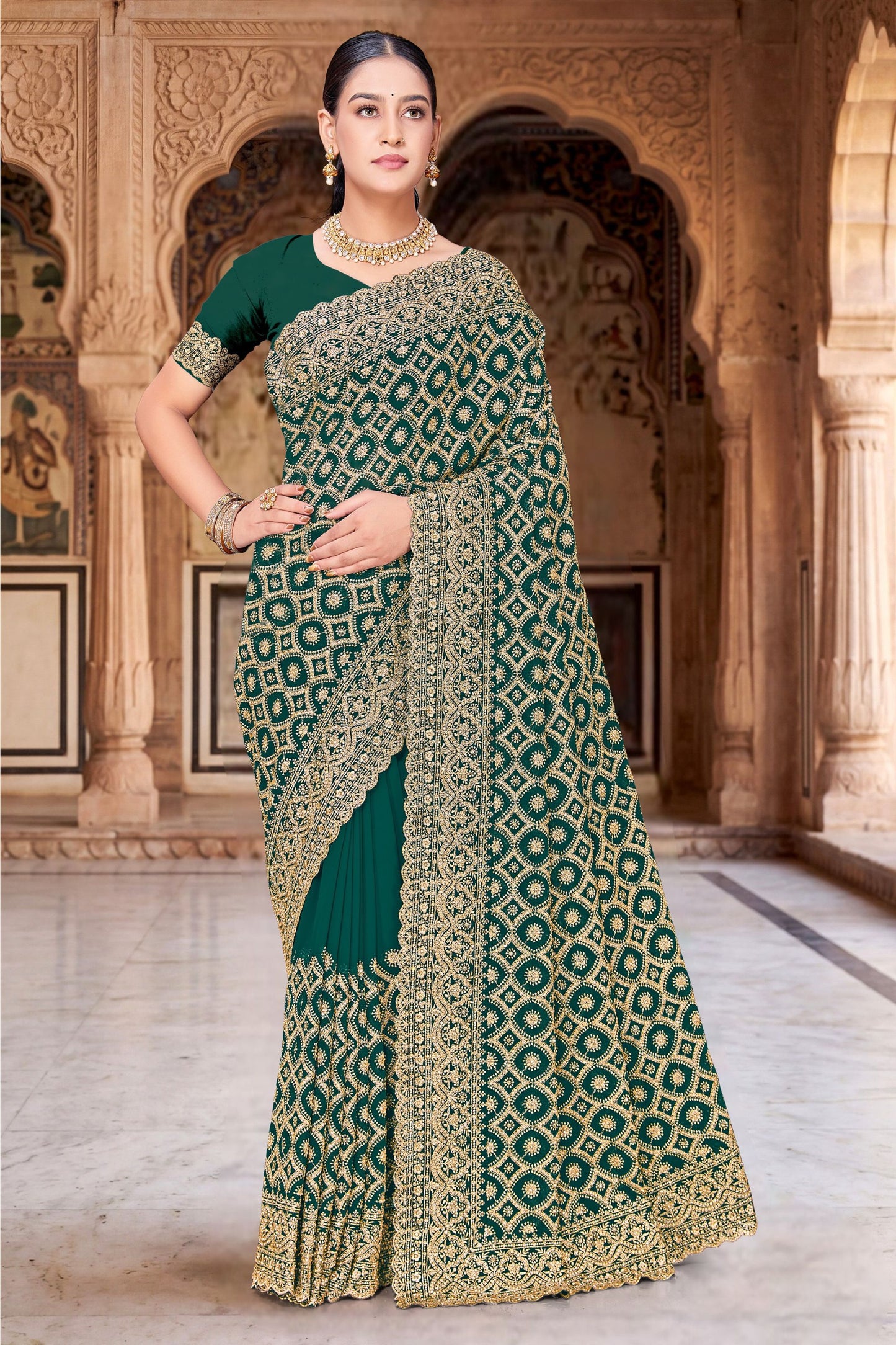 Green Georgette Saree Heavy Gold Zari Embroidery Designer Blouse 