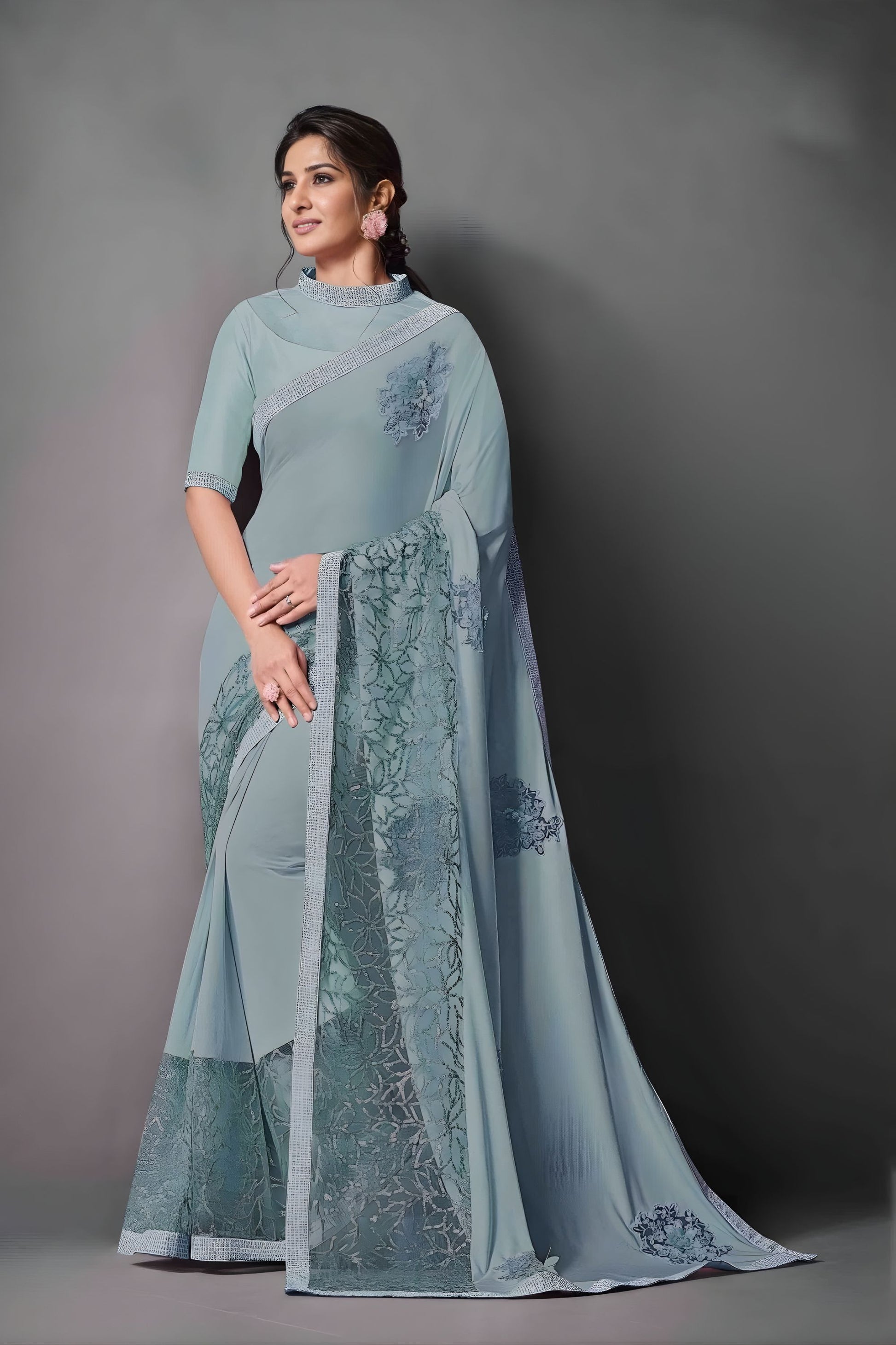 Pastel Blue Embroidered Georgette Saree with Designer Blouse 
