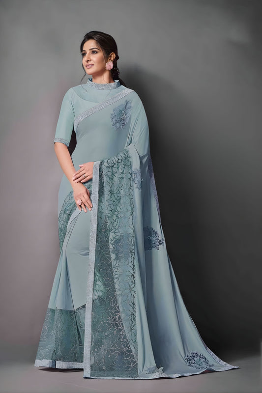 Pastel Blue Embroidered Georgette Saree with Designer Blouse 