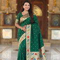 Bottle Green Paithani Silk Saree Multicolor Peacock Floral Woven Border