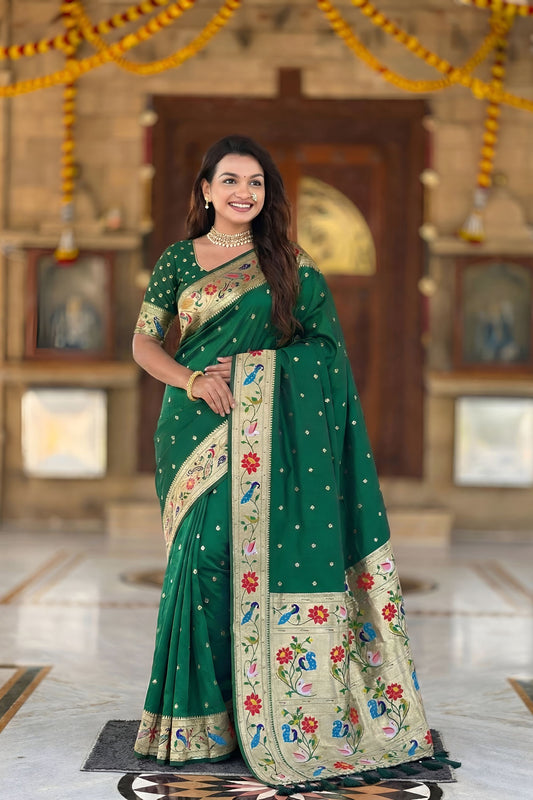 Bottle Green Paithani Silk Saree Multicolor Peacock Floral Woven Border