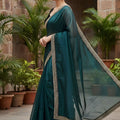 Teal Green Organza Saree Designer Embroidered Border Sleeveless Blouse