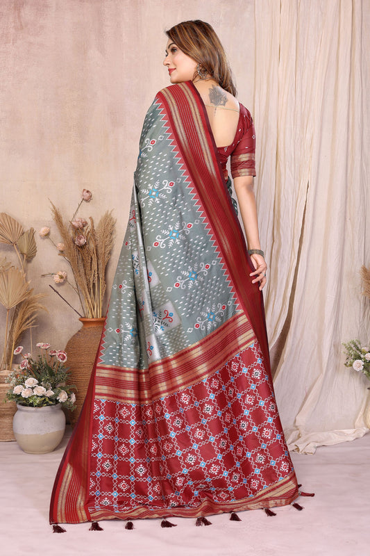 Grey And Maroon Ikat Silk Saree with Traditional Weaving Saree