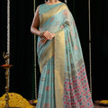 Elegant Sky Blue Handloom Cotton Saree with Motifs Contrast Pallu