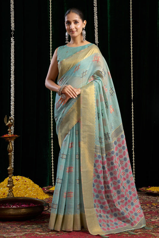 Elegant Sky Blue Handloom Cotton Saree with Motifs Contrast Pallu