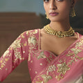 White Pink Embroidered Saree with Zari Border Designer Saree