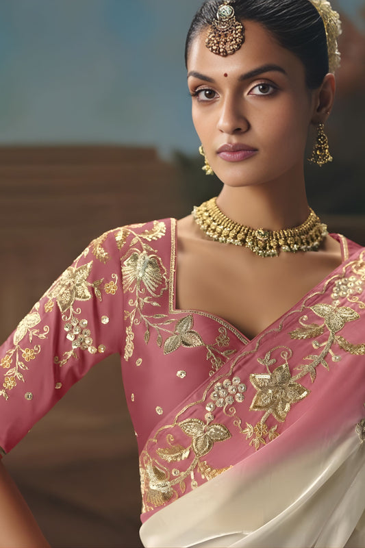 White Pink Embroidered Saree with Zari Border Designer Saree