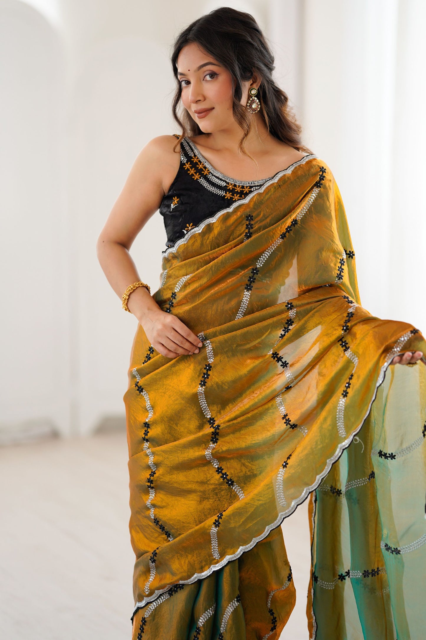 Mustard Gold Tissue Silk Saree Black Embroidered Sequin Designer Blouse