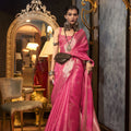 Pink Banarasi Silk Saree with Silver Zari Weaving Designer Border