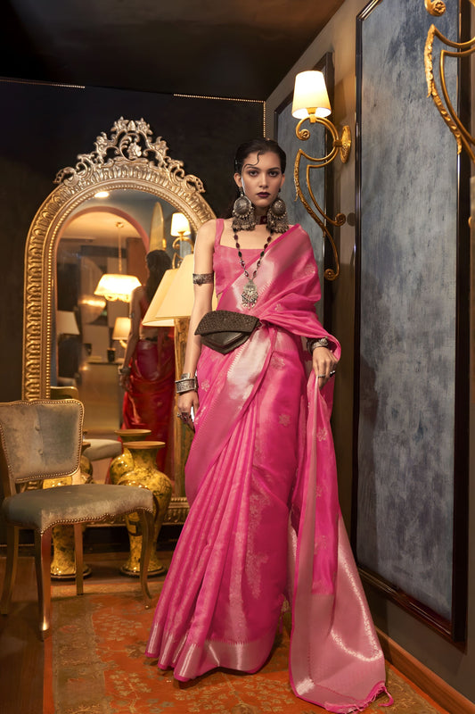 Pink Banarasi Silk Saree with Silver Zari Weaving Designer Border