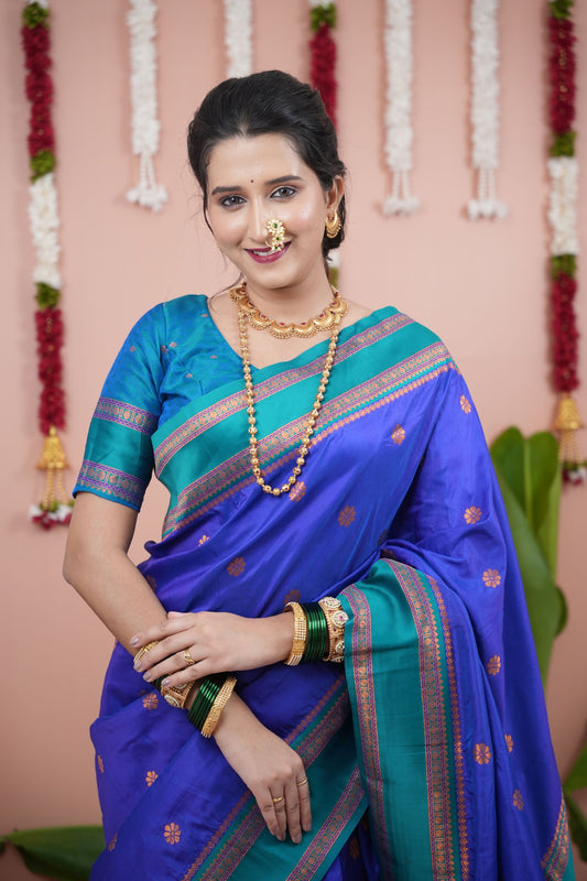 Royal Blue Silk Saree with Teal Woven Border Traditional Design