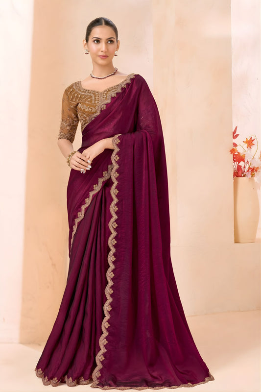 Wine Maroon Silk Saree Designer Embroidered Border Party Wear Saree