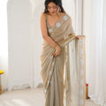 Elegant Beige Designer Embroidered Saree with Silver Floral Work Party Wear